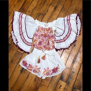 Raga embroidered, off the shoulder, white romper with billowing sleeves, sizeXS